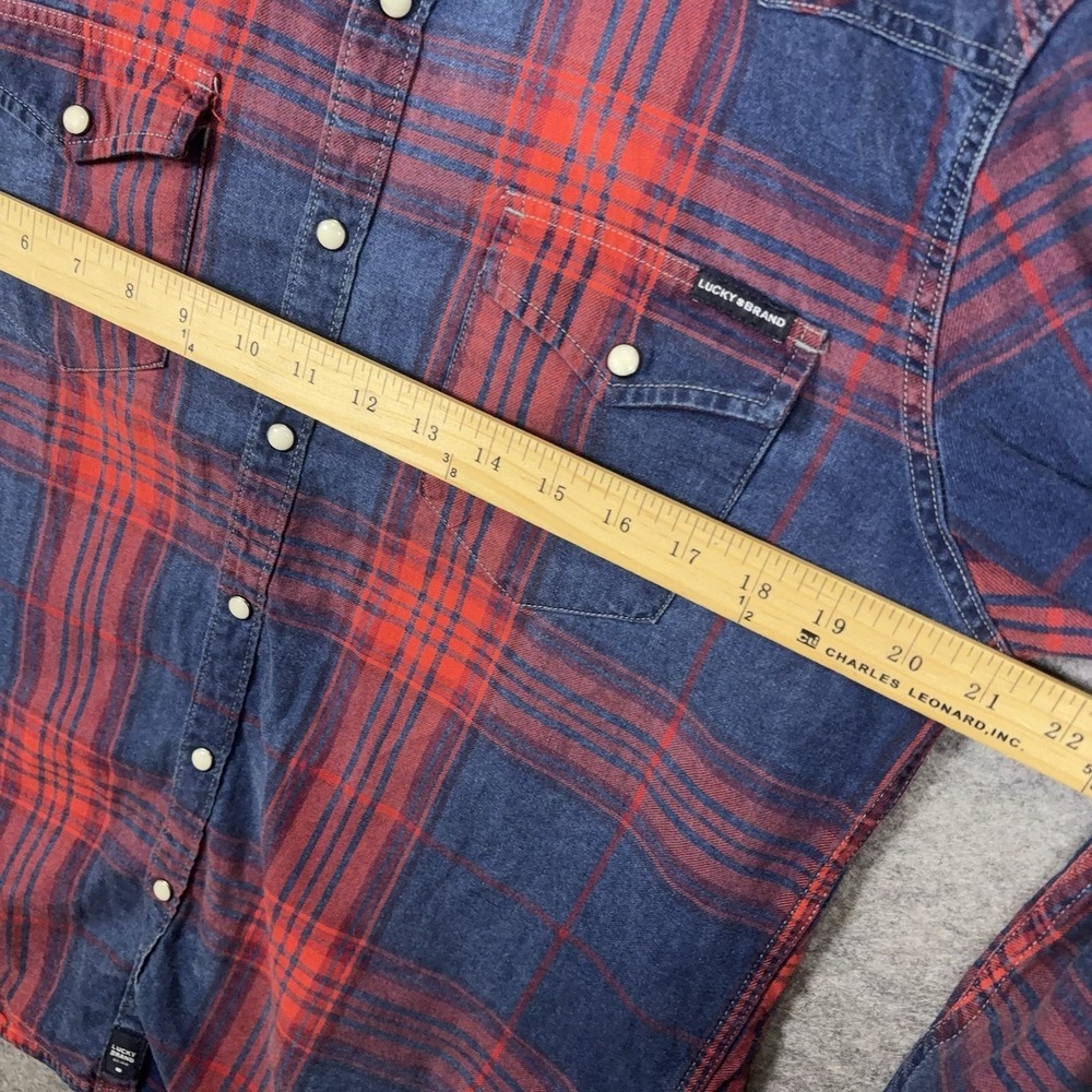 Lucky Brand Pearl Snap Denim Shirt Mens Sz M Blue Red Plaid Western Pockets - Picture 8 of 8